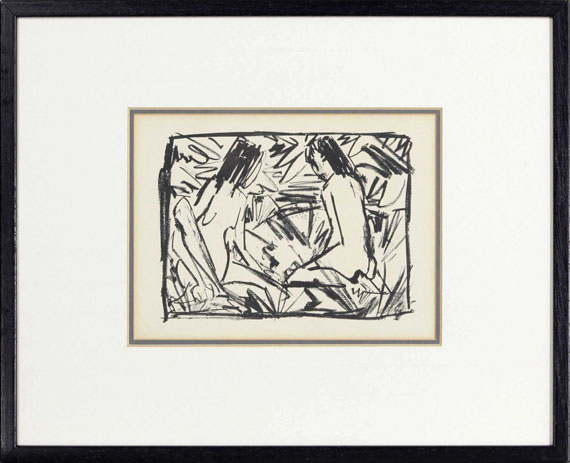 Otto Mueller - Ein sitzendes und ein kniendes Mädchen unter Blättern - Rahmenbild
