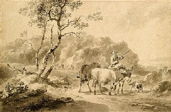 Johann Georg Wagner - Auf einem Esel reitender Bauer, mit Vieh und einem Hund