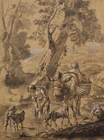 Jacob van der Does I - Hirtin mit Esel und Ziegen vor italienischer Landschaft