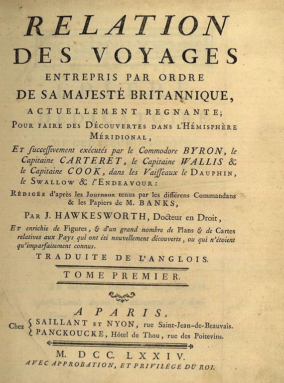 John Hawkesworth - <<Relation des voyages. Bd. 1. 1774.