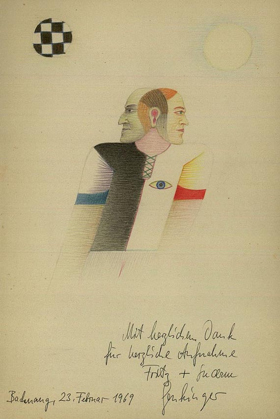 Fritz Genkinger - Eigh. Widmung mit Orig.Zeichnung. 1969