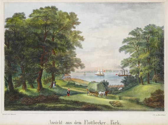  Hamburg - 2 Bll.: Ansicht aus dem Flottbecker-Park. Landhaus an der Elbchaussee in Nienstedten.