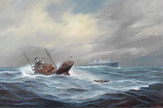 Gerhard West (von Bruch) - Frachter aus Rostock in Seenot, im Hintergrund ein Dampfer der Reederei Hamburg-Süd