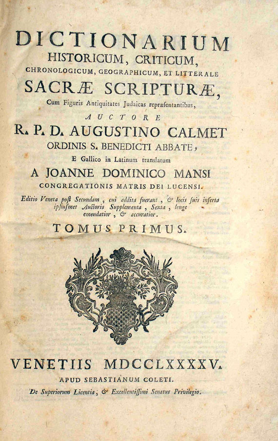Augustin Calmet - Dictionarium historicum. 2 Bde. Venedig 1795.
