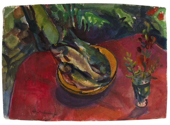 Bruno Müller-Linow - Forellen auf rotem Tischtuch im Garten