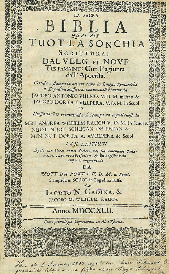 Biblia rhaeto-romanica. - La sacra biblia. 1743